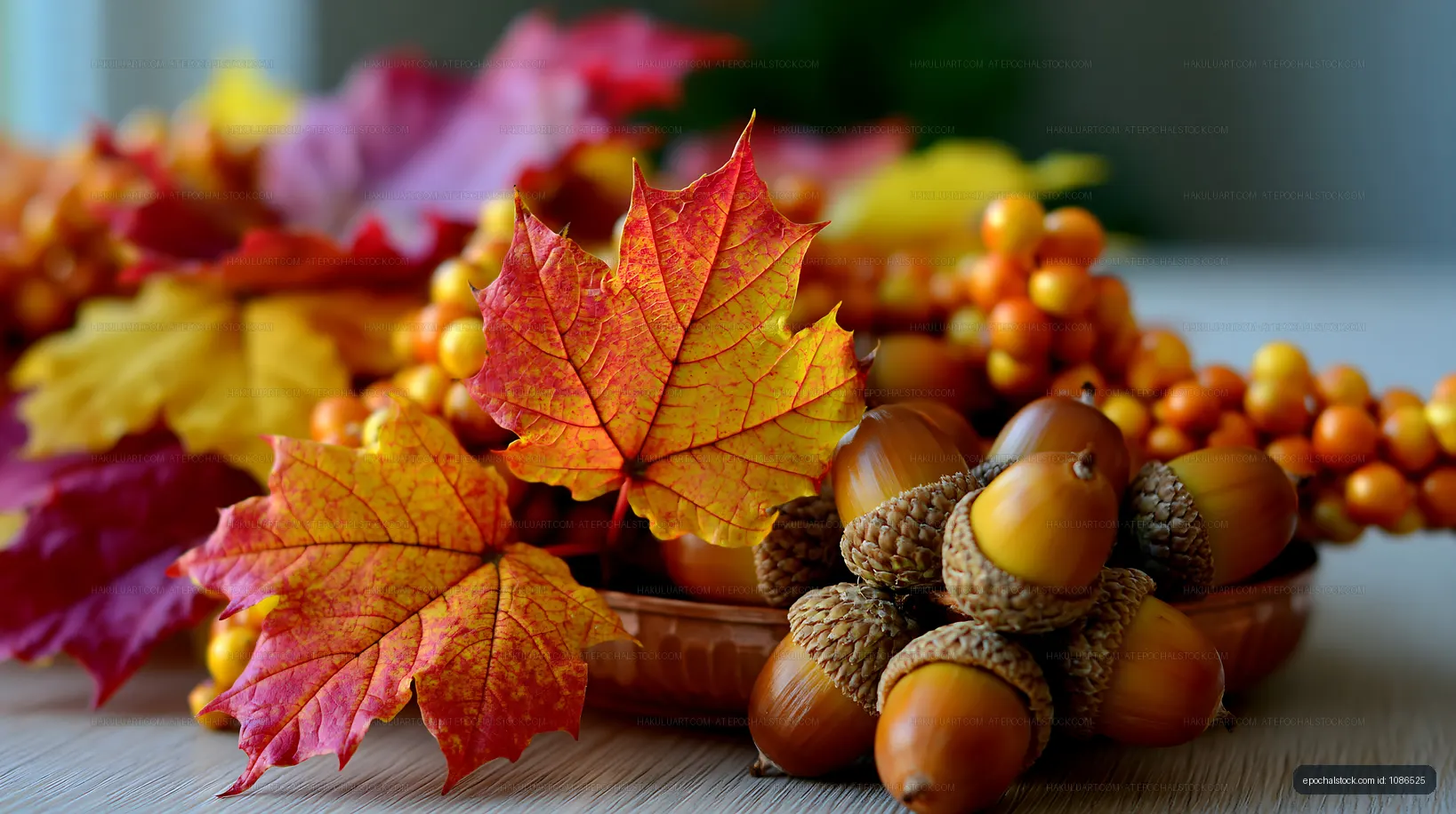 Autumn maple leaves, acorns, and berries on wood