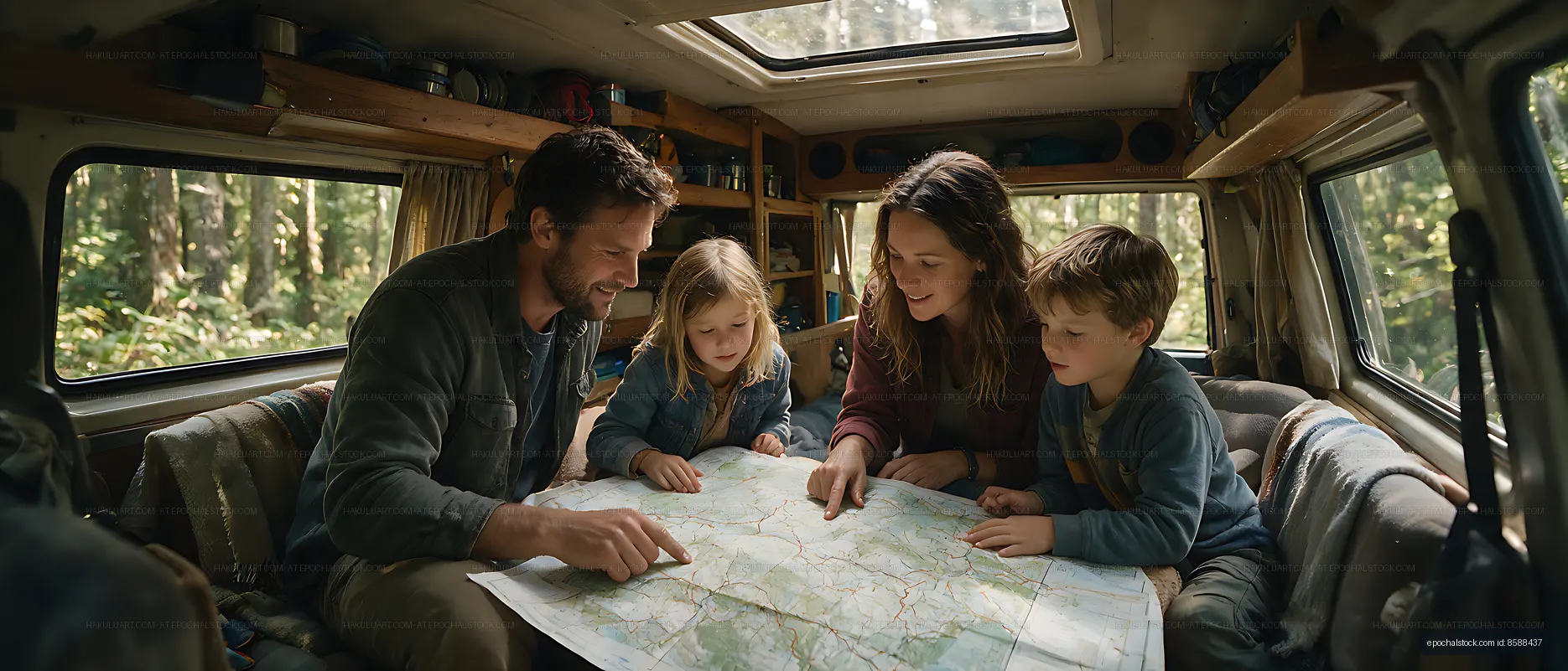 Family of four planning travel inside camper van