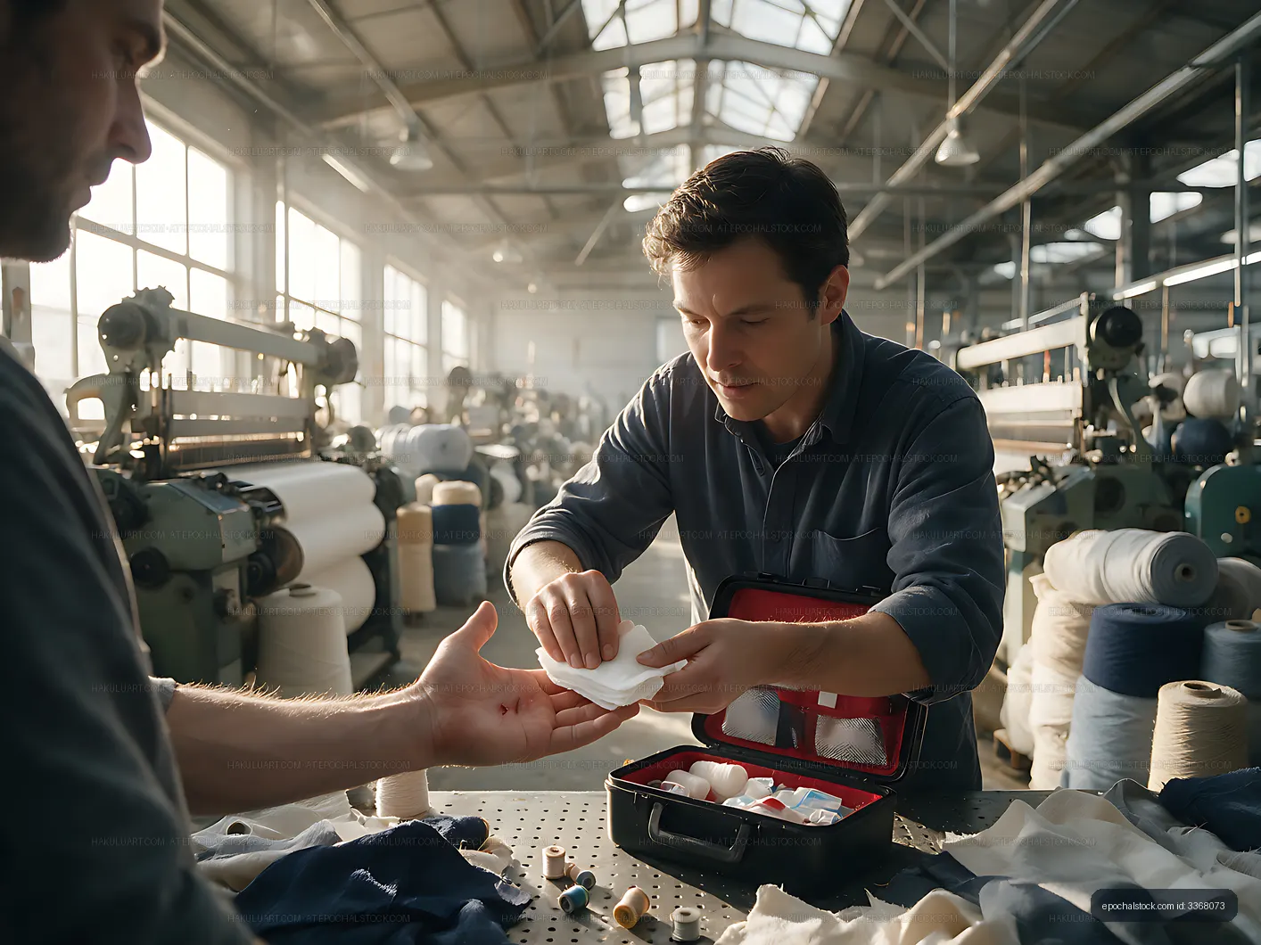 Two textile workers with an open first aid kit