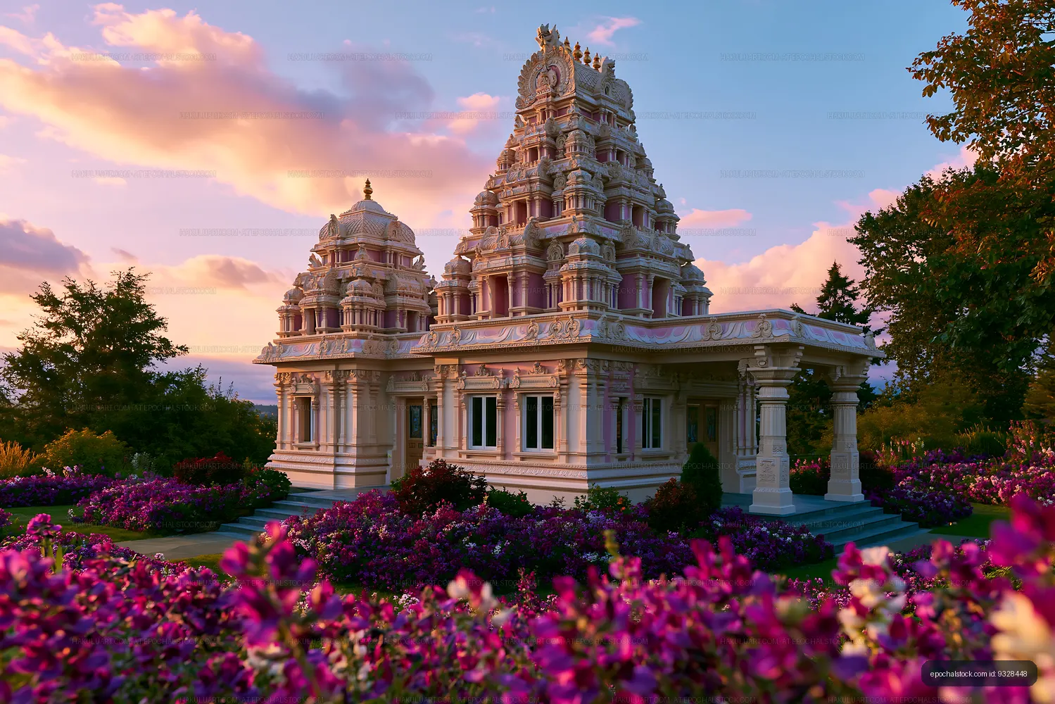 Ornate temple and vibrant flowers beneath a sunset sky