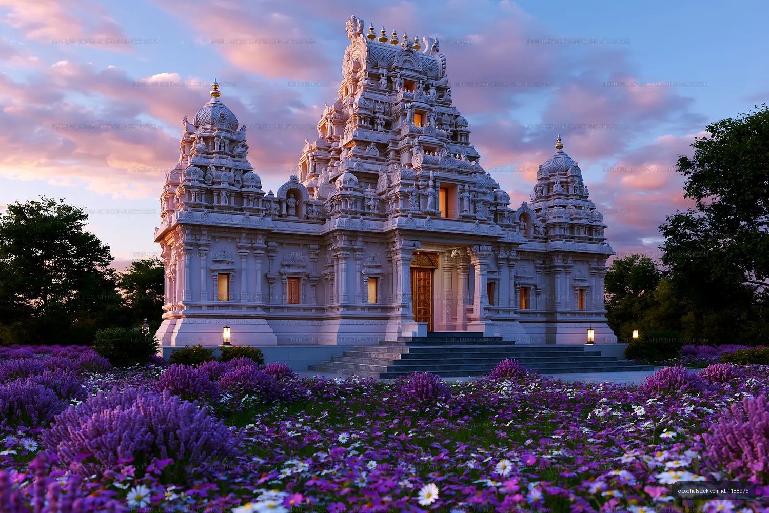 Hindu temple and colorful flower garden beneath sunset clouds