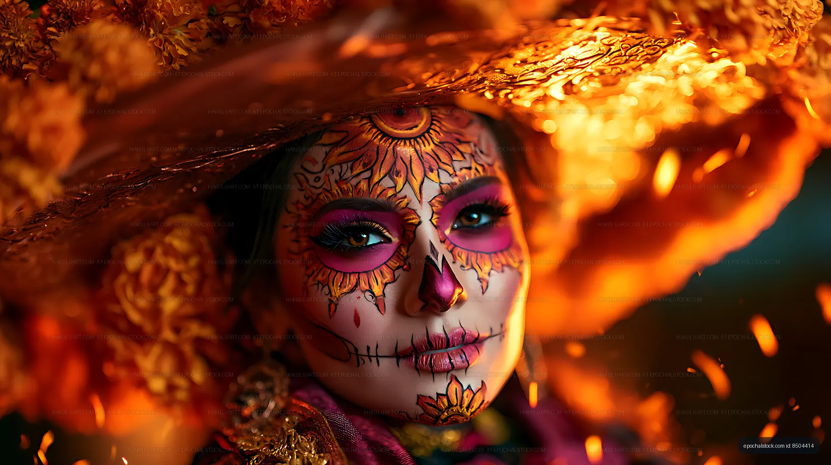 Dramatic close portrait with sugar skull makeup