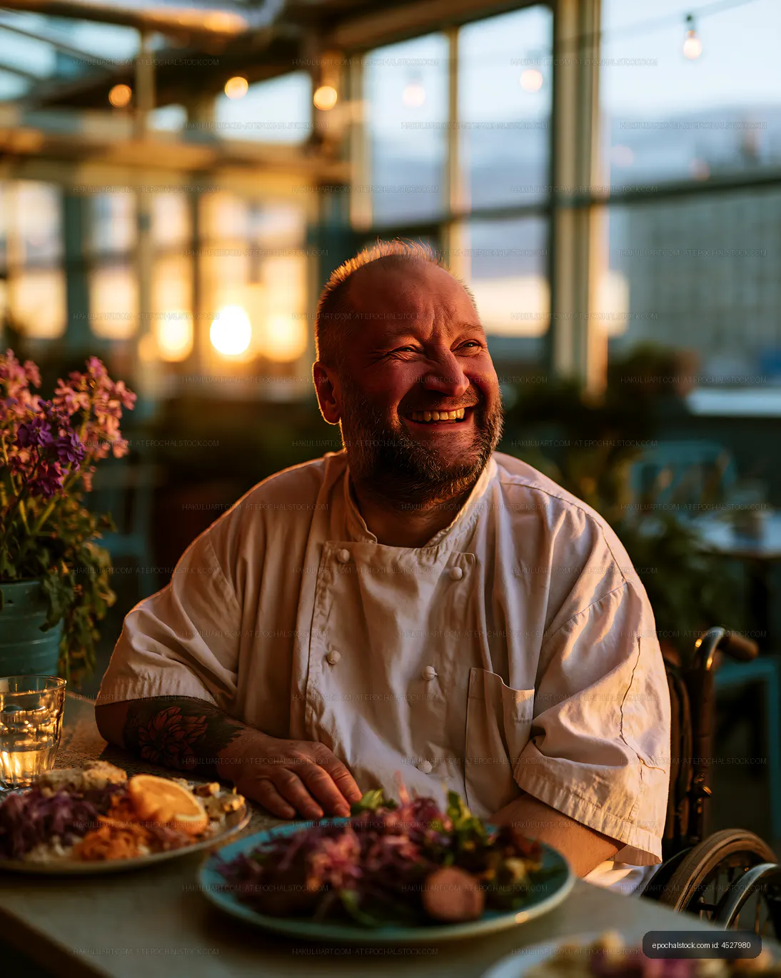 Bearded chef smiling beside plated dishes in warm restaurant light