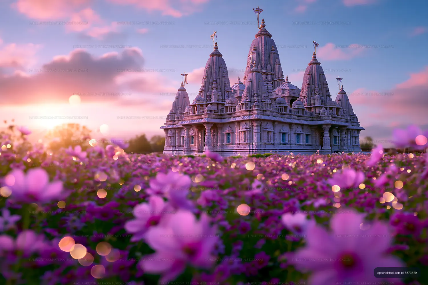 Ornate temple and colorful flowers under a pastel sunset sky