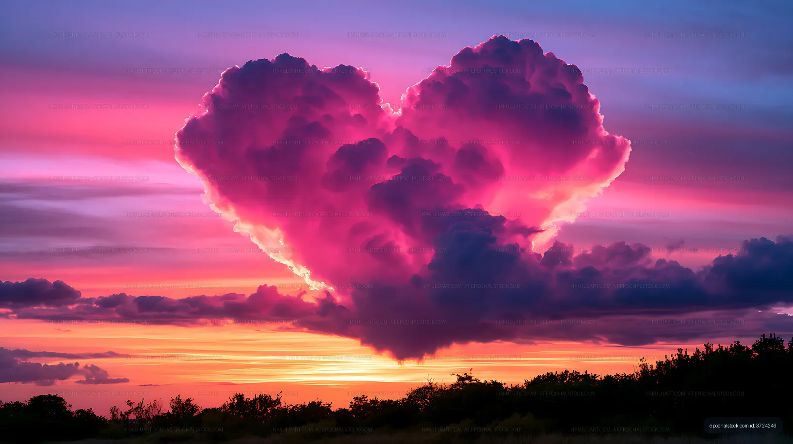 Pink and purple cloudscape above a silhouetted sunset landscape