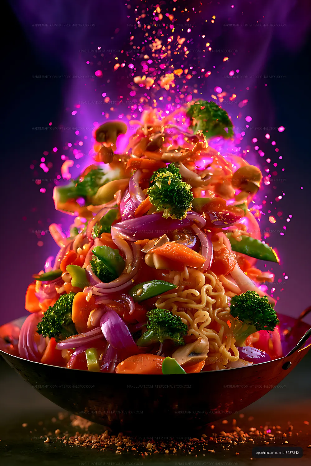 Dramatic bowl of colorful vegetable stir fry noodles