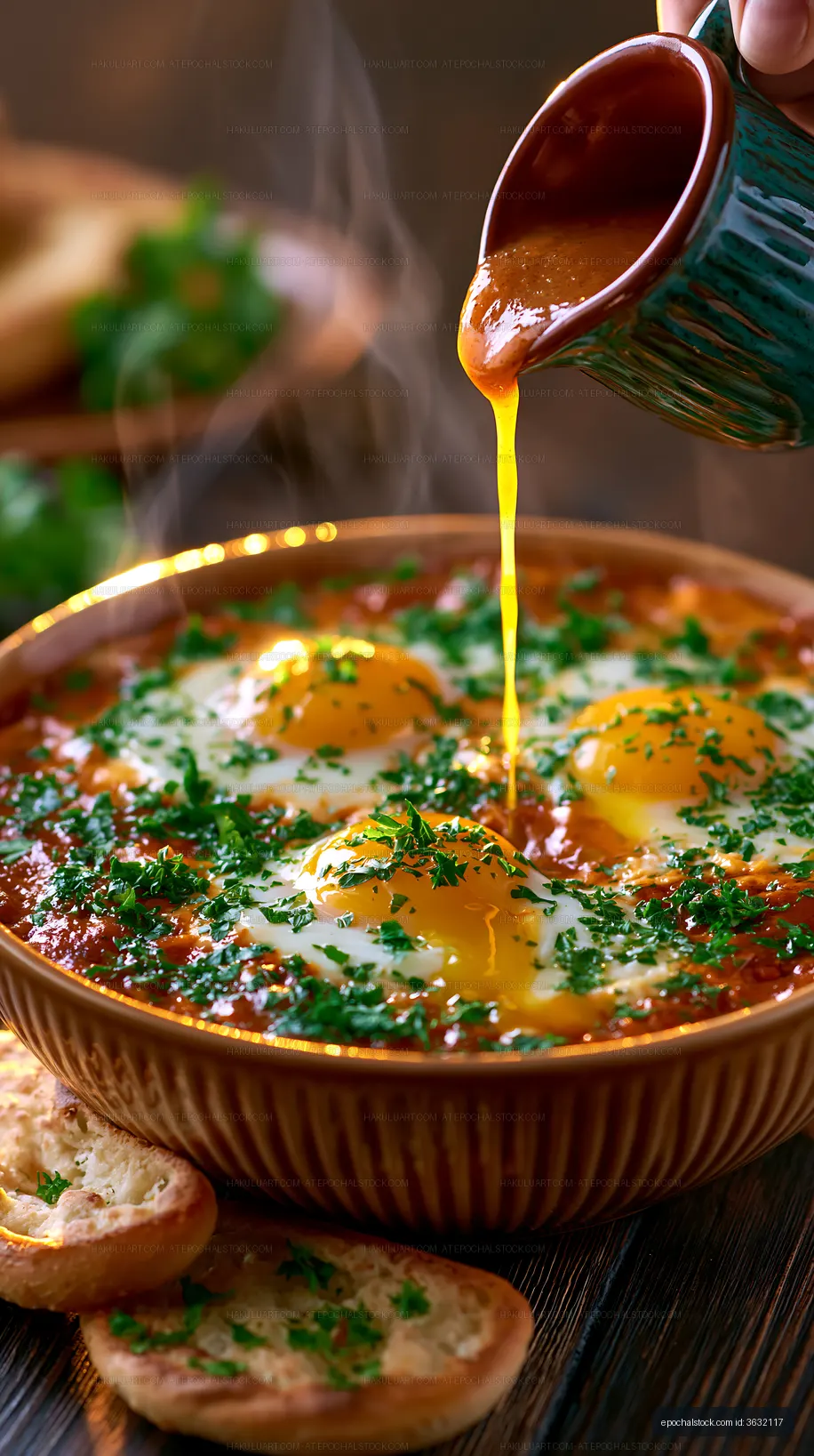 Steaming tomato-sauce eggs garnished with herbs