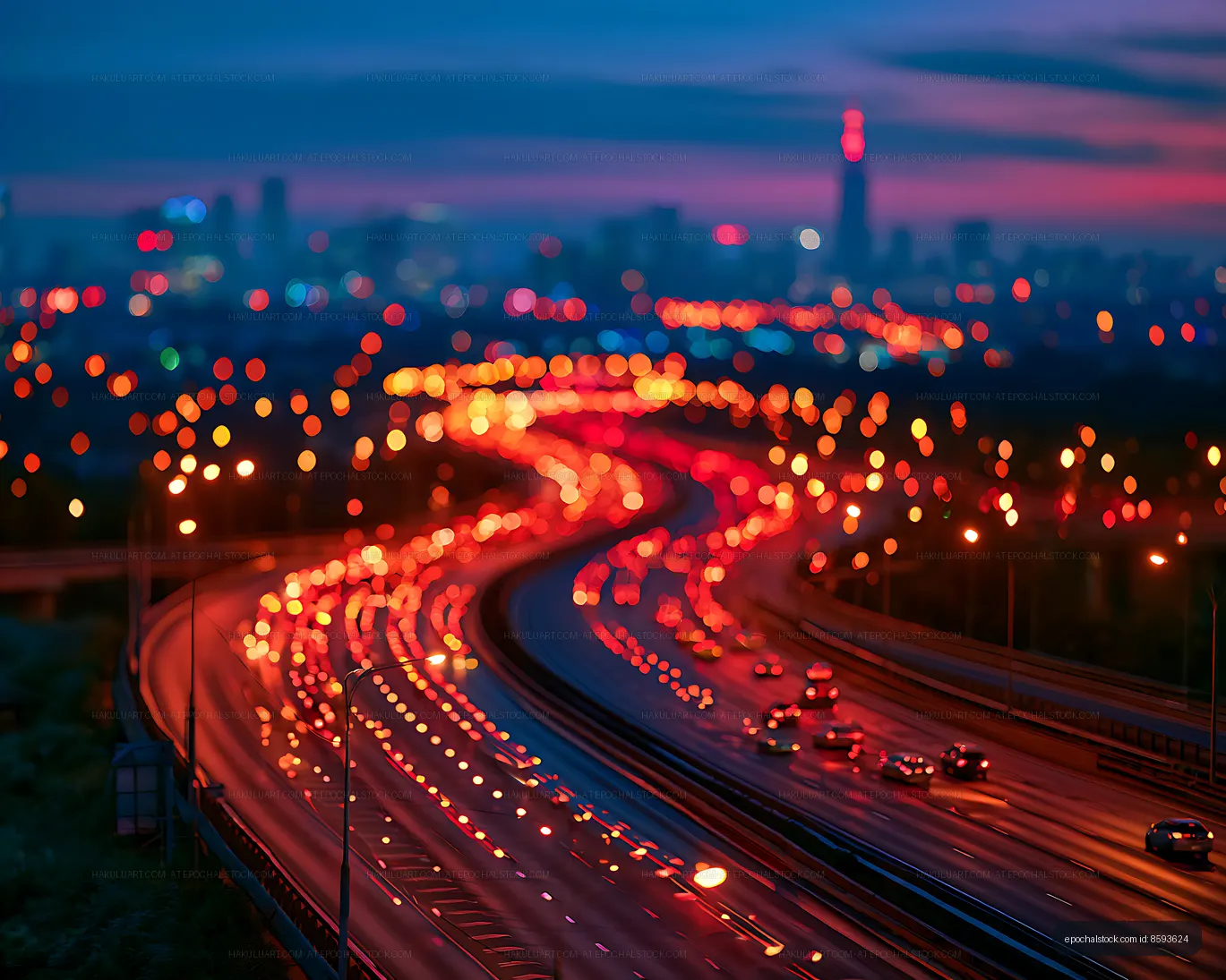 Winding highway glowing with traffic at twilight