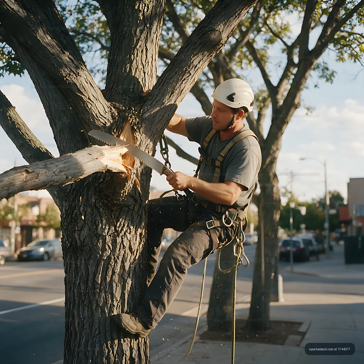 Tree worker cutting a branch with a hand saw
