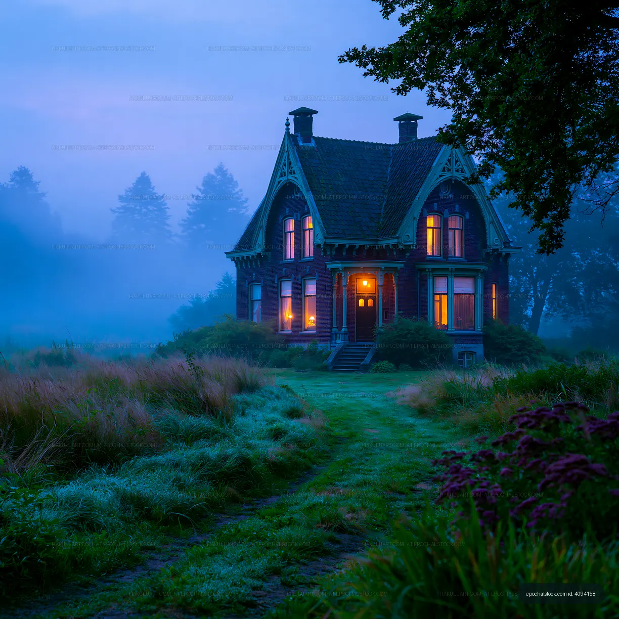 Misty Victorian-style home illuminated at blue hour