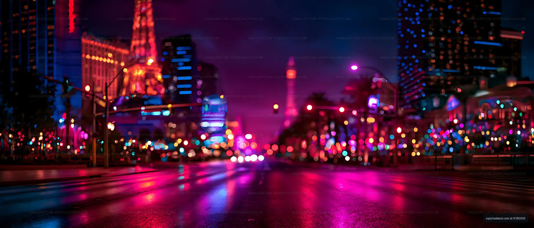 Vibrant blurred urban street lights reflected after rain