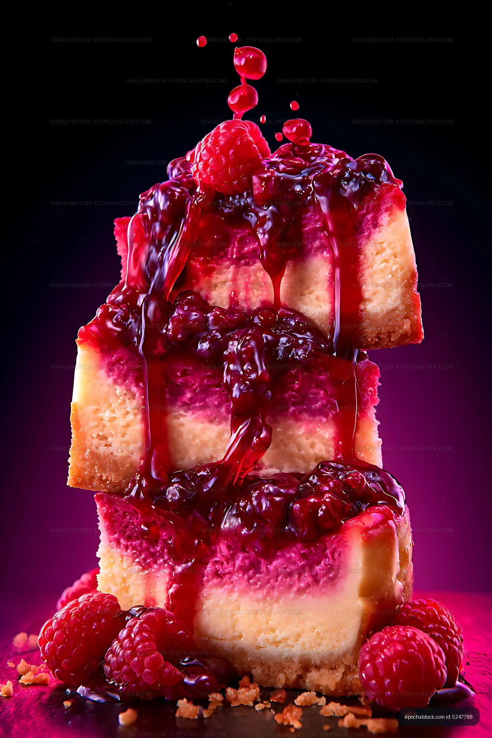 Raspberry bars covered in glossy red berry sauce