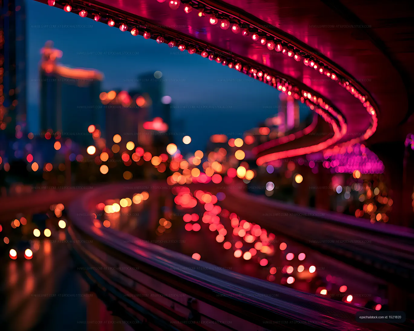 Vivid neon bokeh from a curved amusement ride