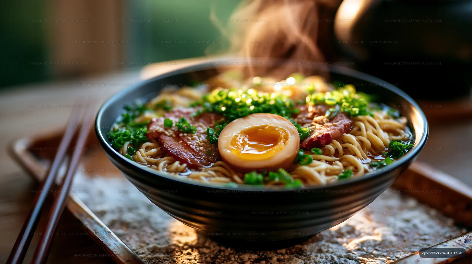Close-up ramen bowl with egg, pork, noodles, and scallions