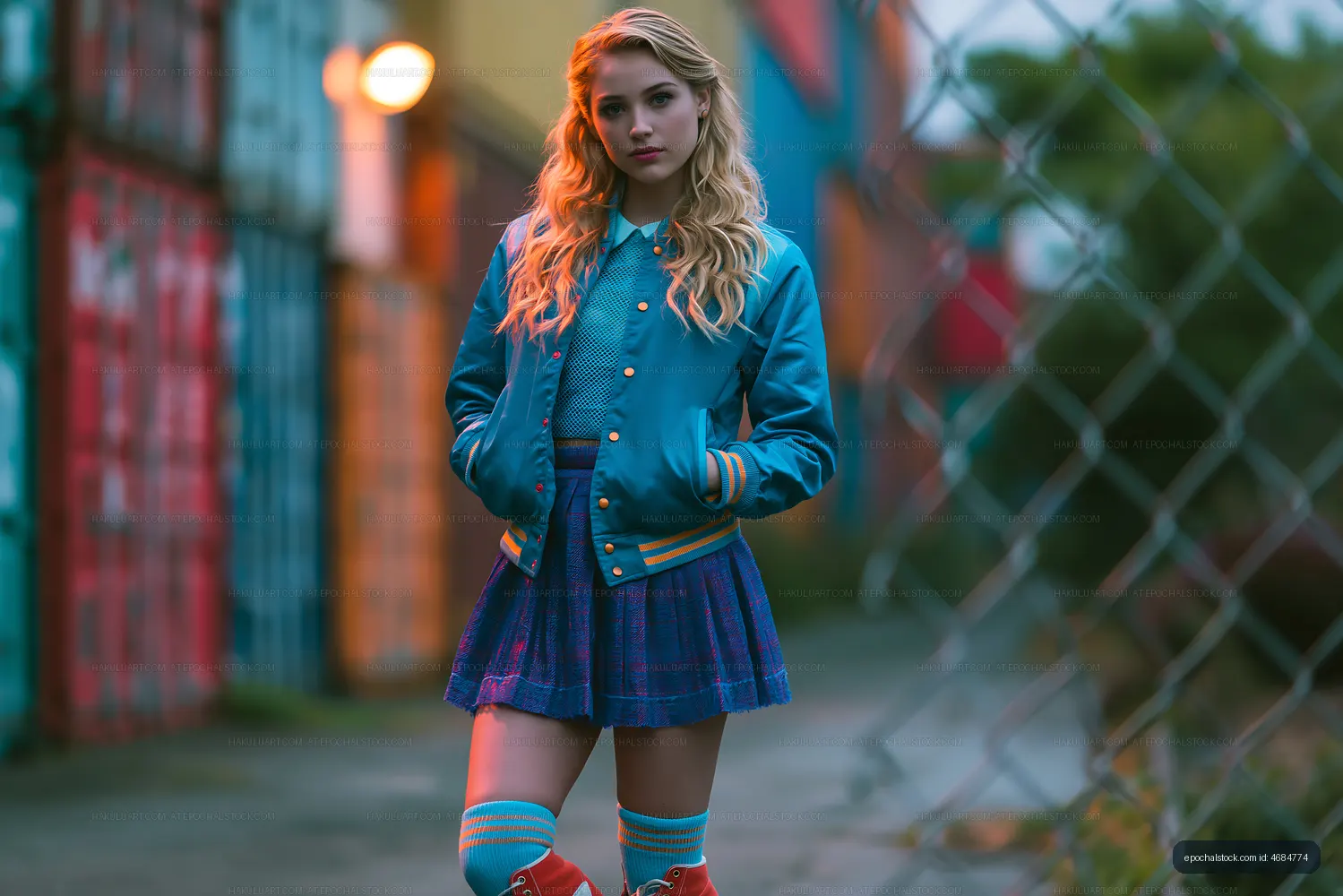 Woman wearing a turquoise jacket and plaid skirt outdoors