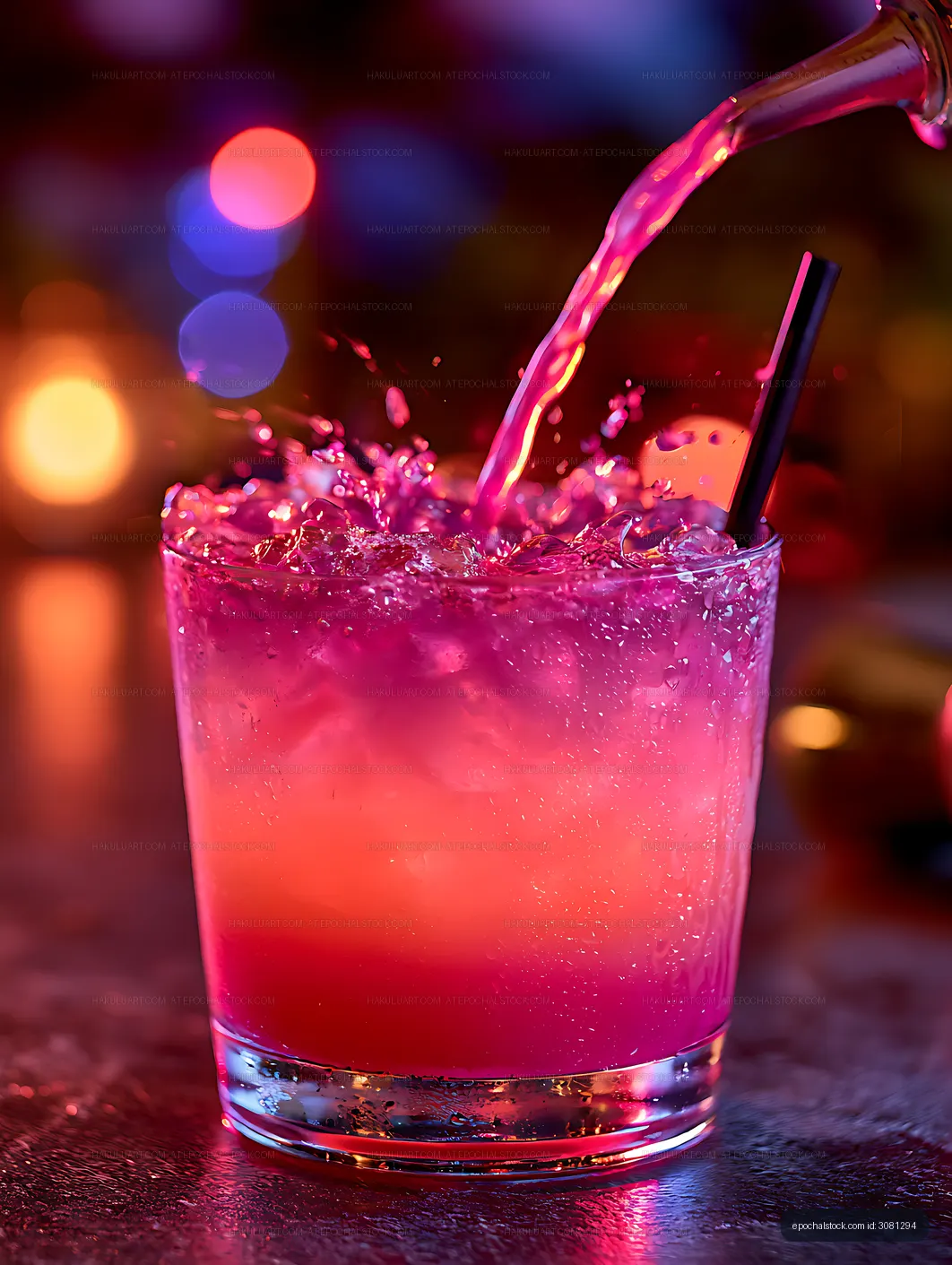Vibrant pink drink splashing beside saxophone