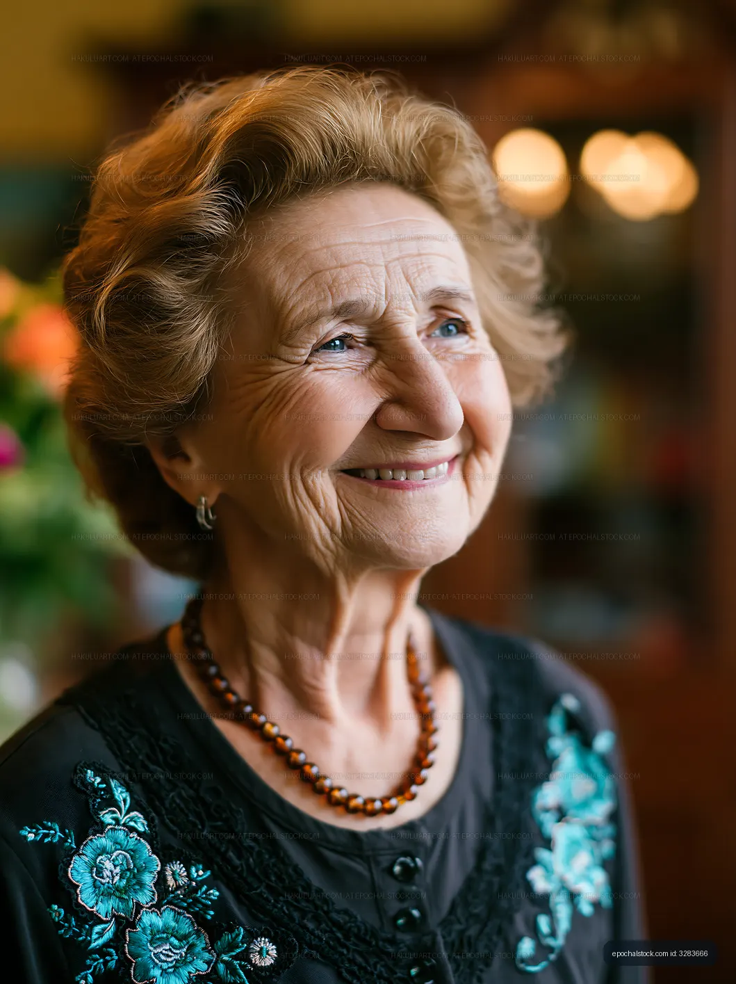 Smiling elderly woman with brown hair and blue floral blouse