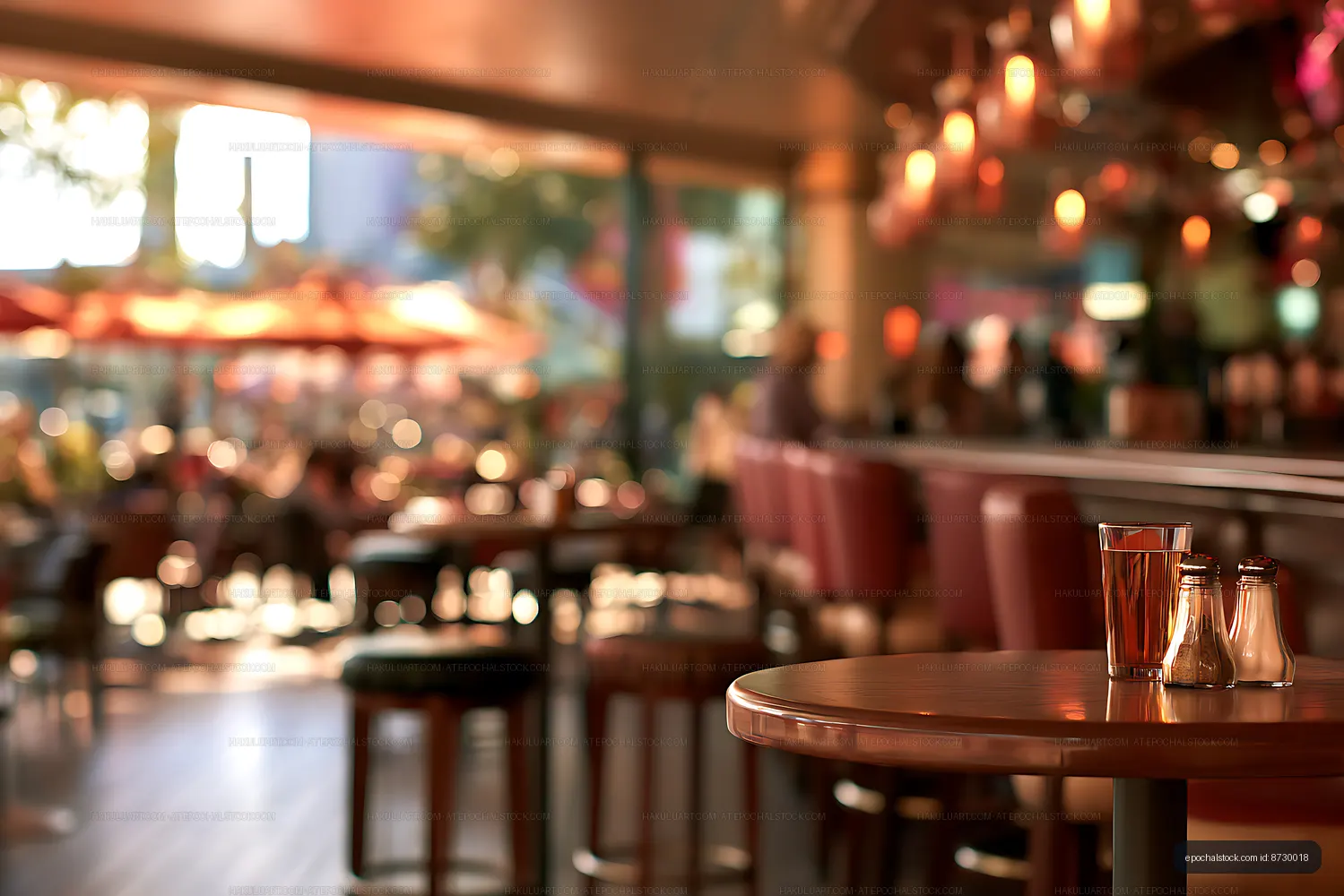 Restaurant table and condiments in warm ambient light