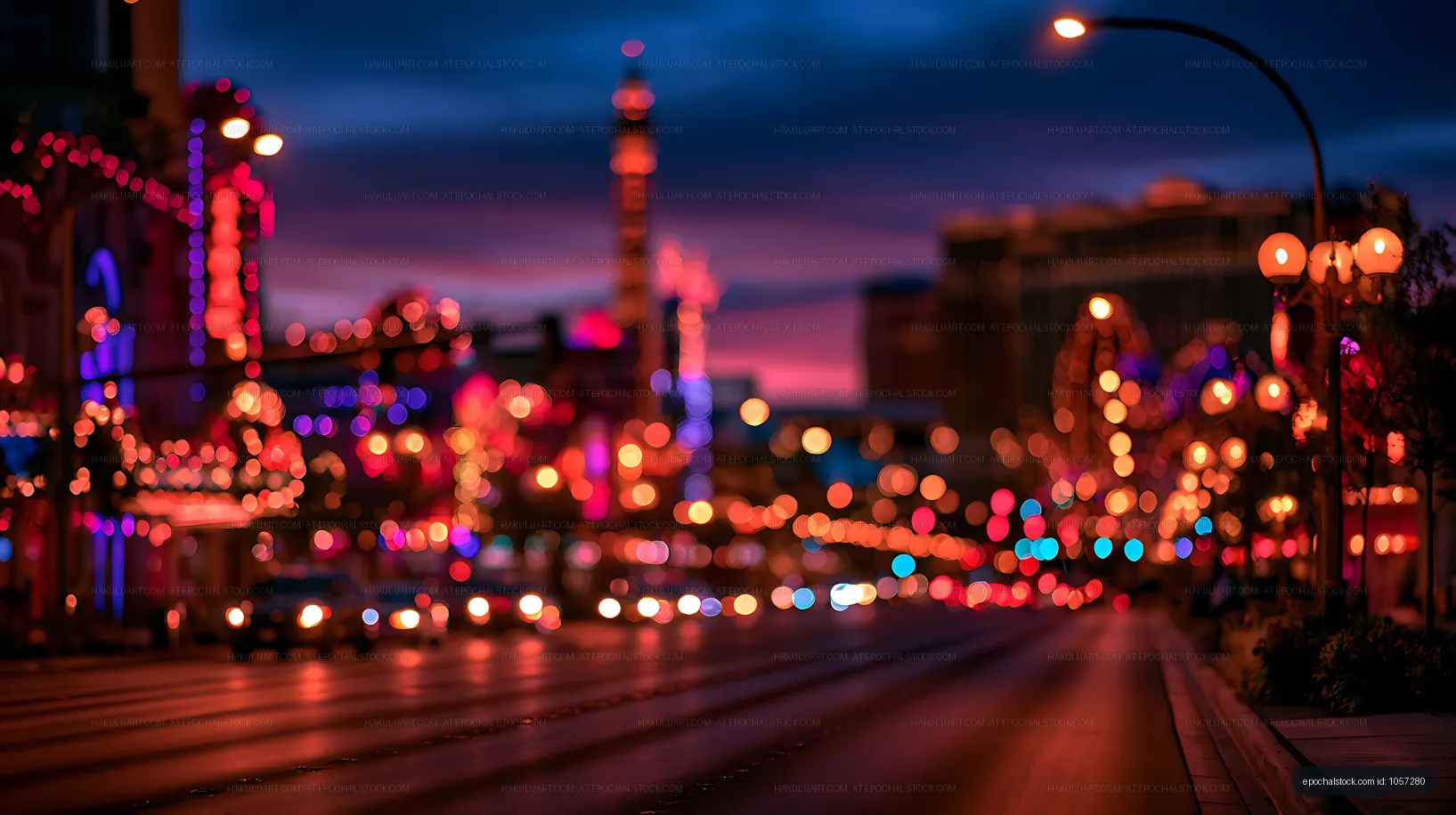 Vibrant blurred city lights on a wet road