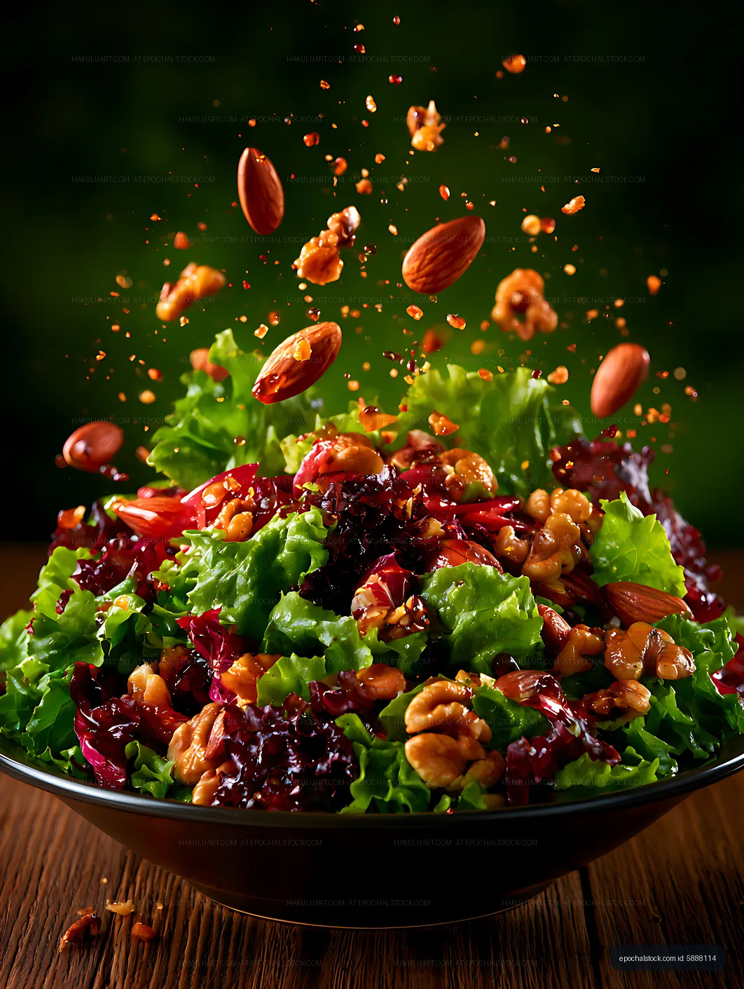 Vibrant leafy salad with nuts and scattered toppings