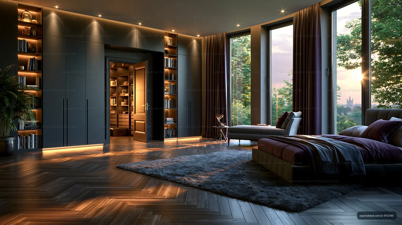 Contemporary luxury bedroom overlooking trees and city skyline