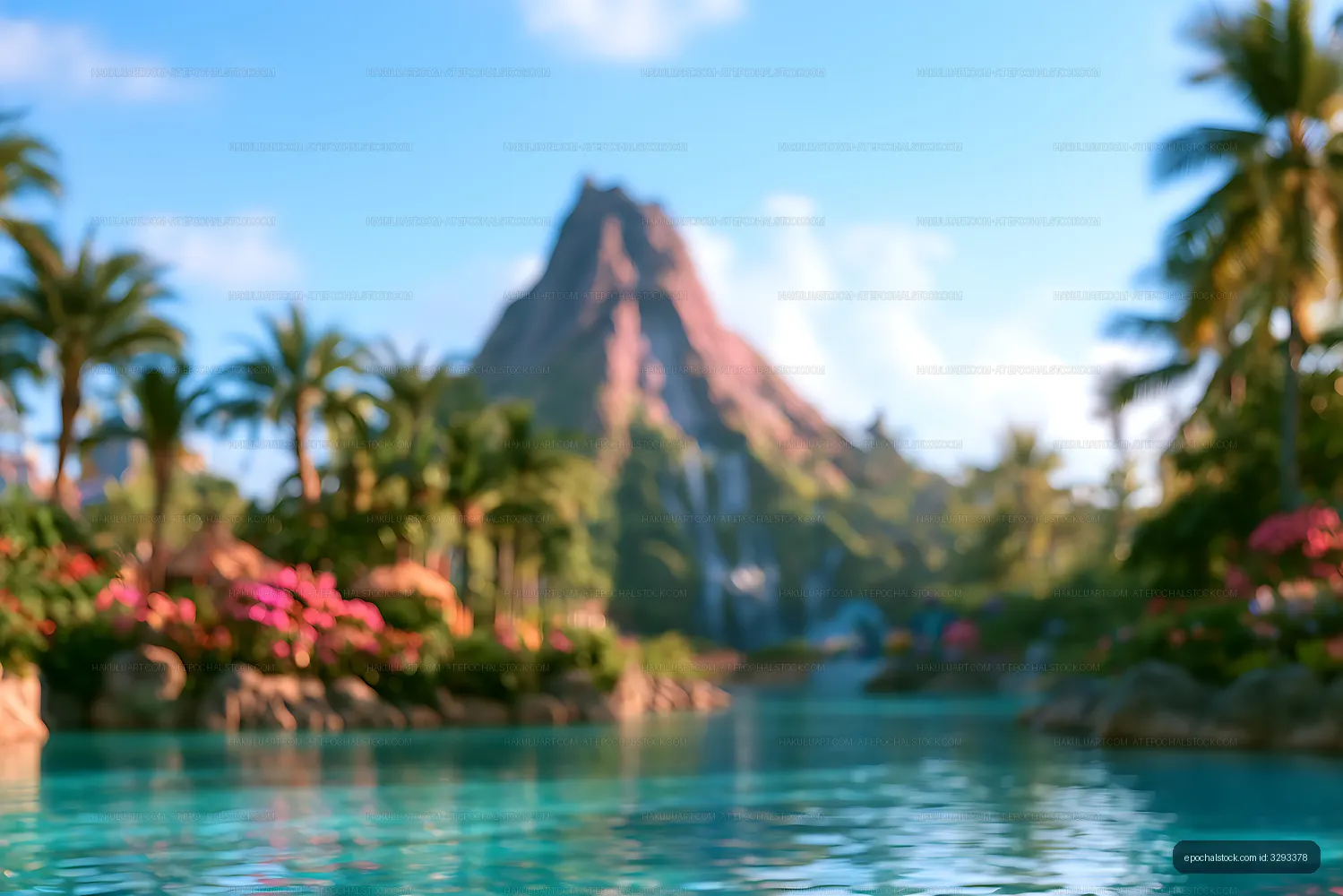 Tropical lagoon with palms and distant mountain