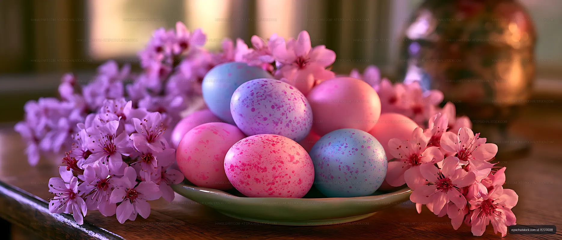 Pastel eggs surrounded by pink flowers on a wooden table