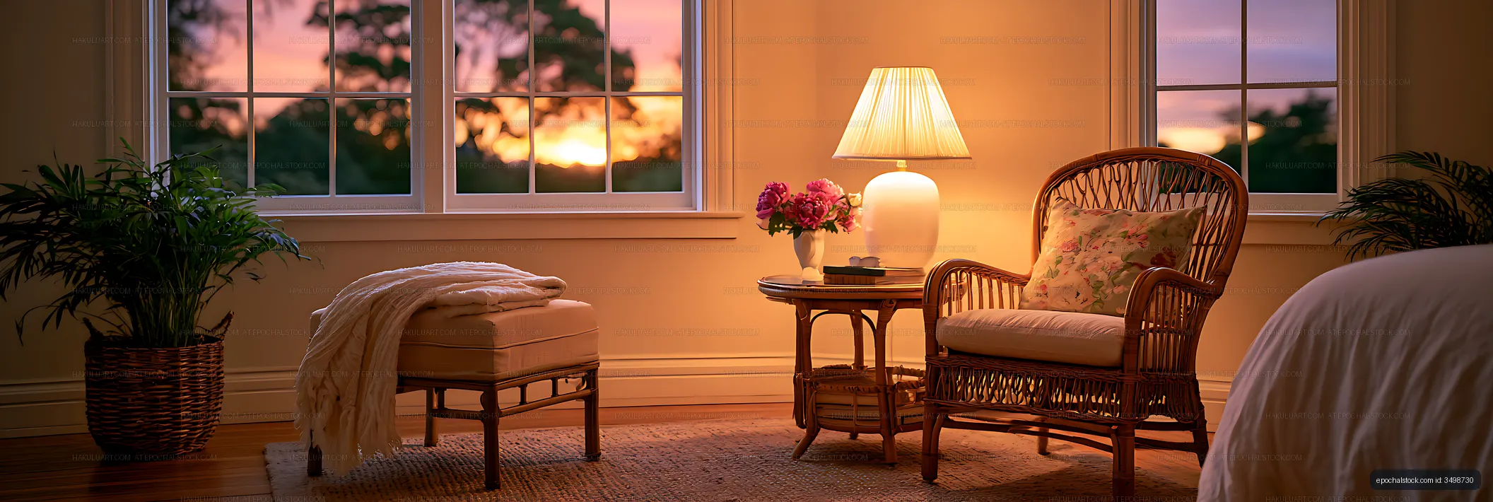 Cozy bedroom interior glowing in evening sunset light