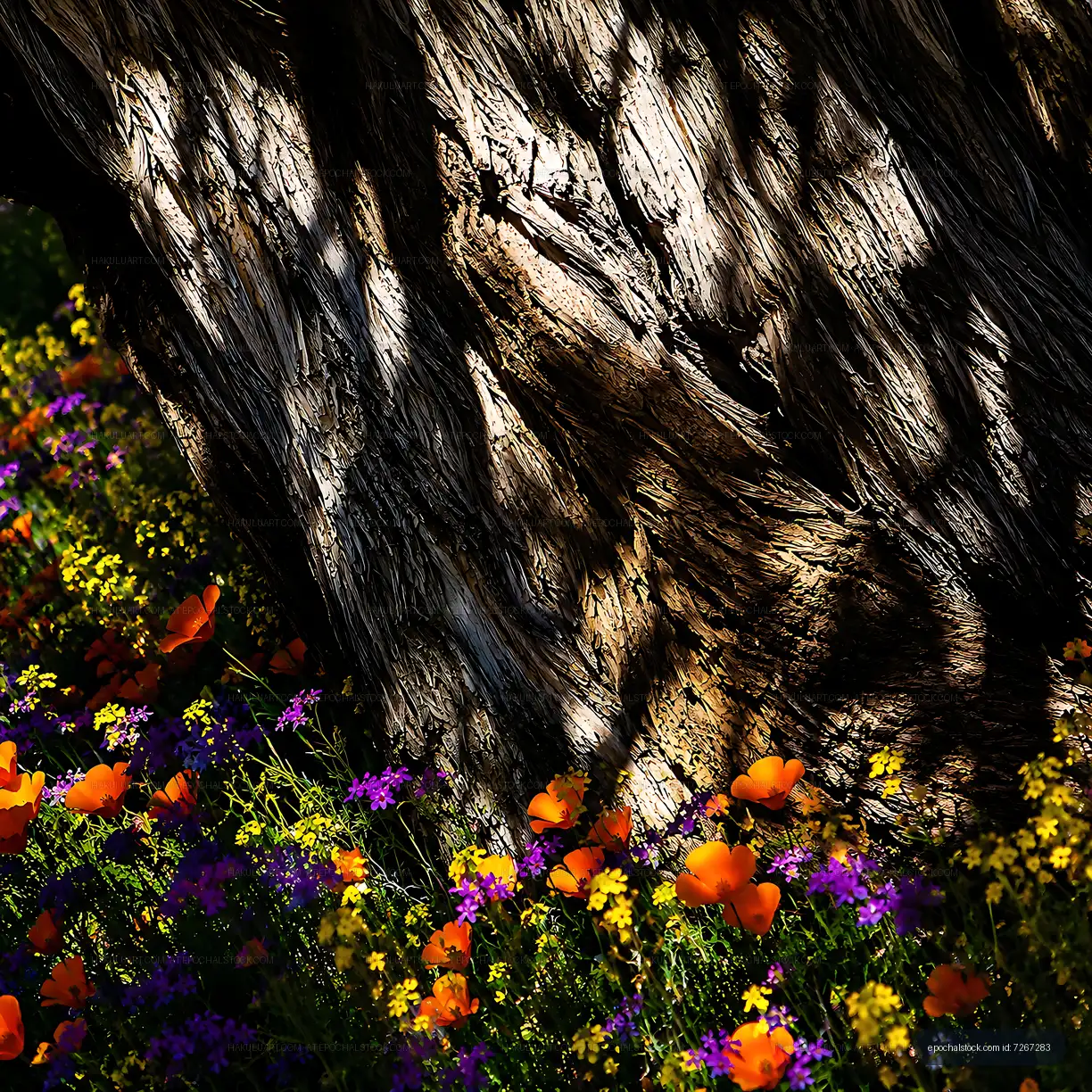 Wildflowers bloom near a tree trunk in natural light