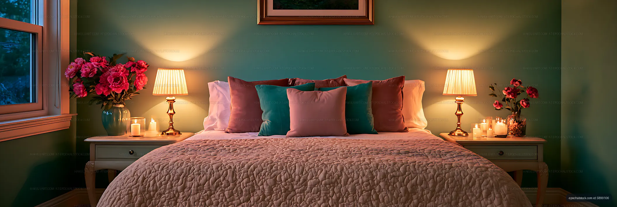 Elegant cozy bedroom interior with colorful pillows and soft lighting