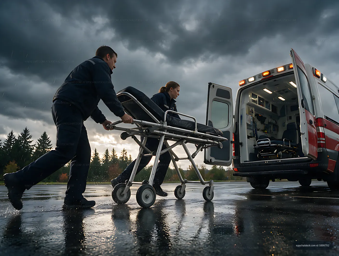 Paramedics transport an empty stretcher beside an ambulance
