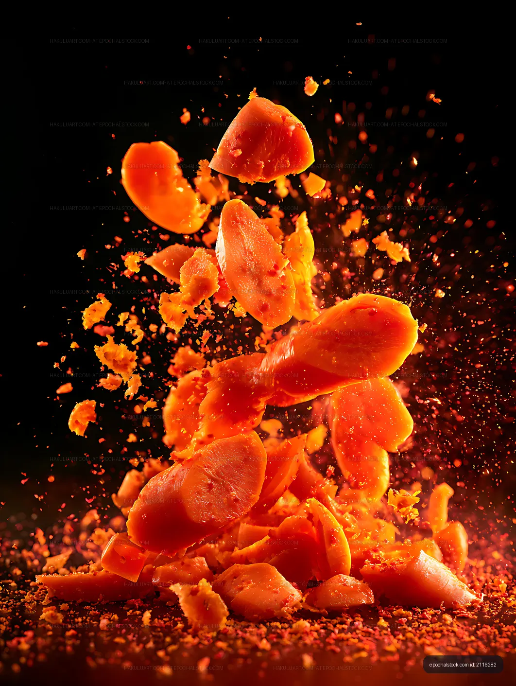 Dynamic orange fruit splash with airborne pulp fragments