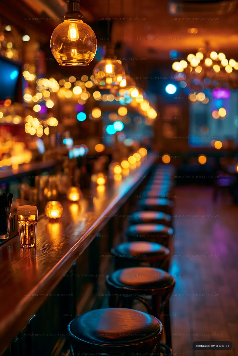 Warm bar scene with lights and empty stools in city nightlife