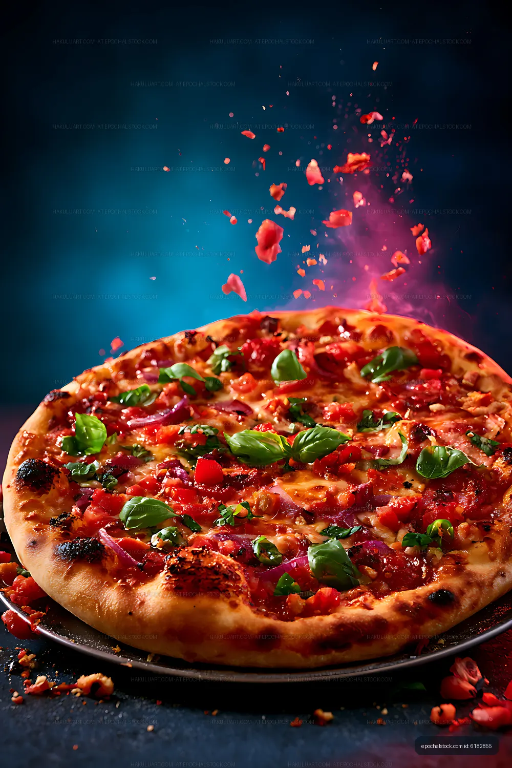 Dramatic close-up of vegetable pizza with basil