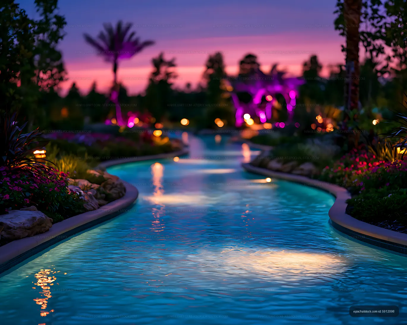 Curved resort pool with colorful evening reflections