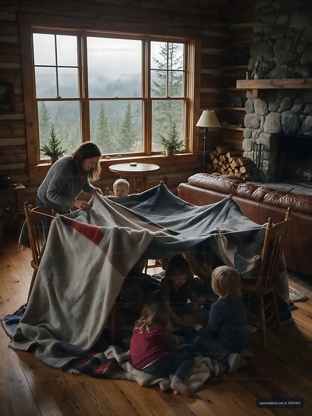Mother and children making a blanket fort indoors