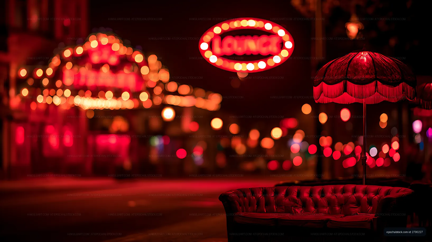Vintage sofa beneath a glowing umbrella in red nightlife lighting
