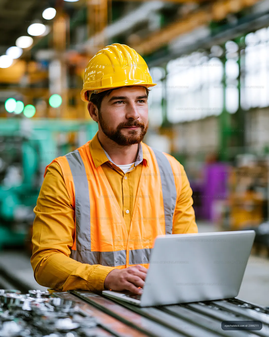 Worker using laptop in factory with safety gear