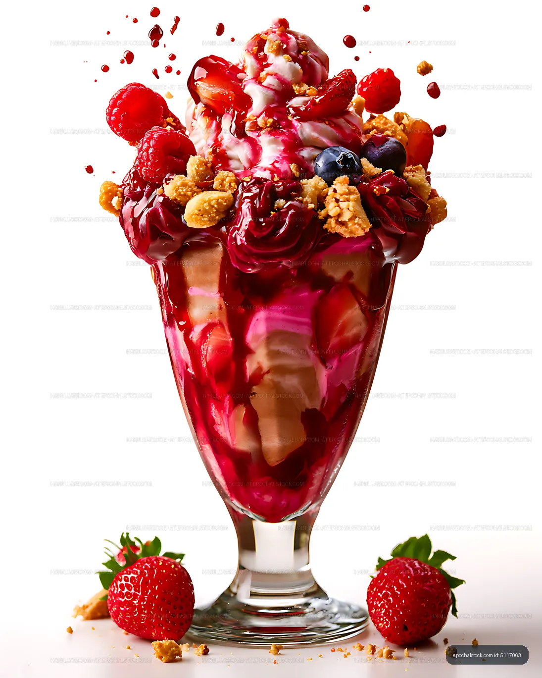 Berry sundae topped with cream, fruit and crunchy pieces