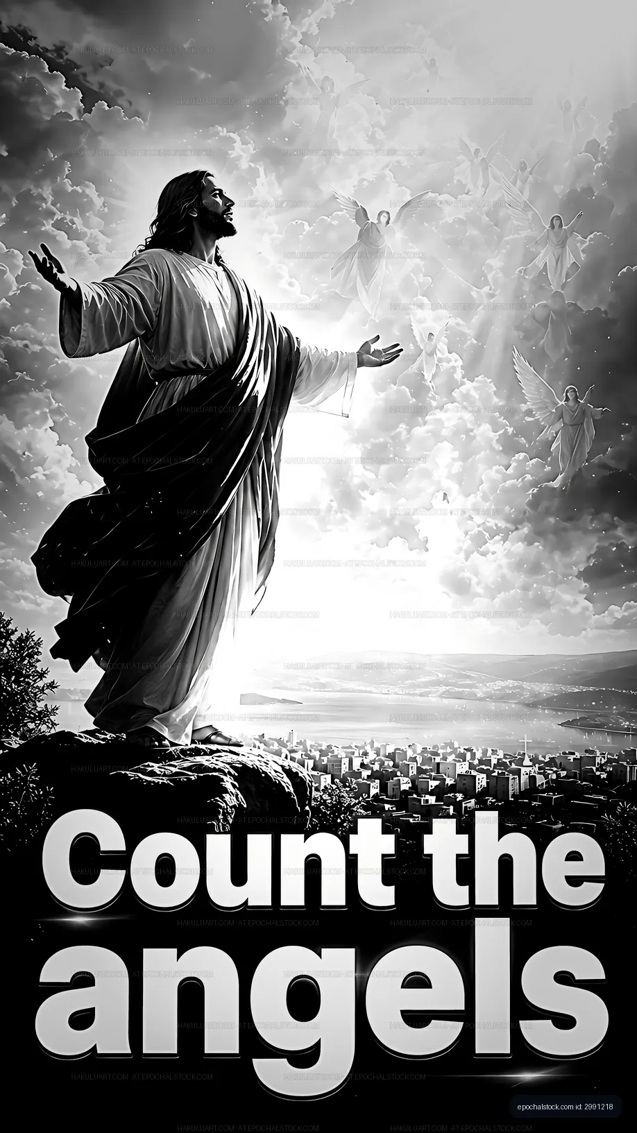 Count the angels in a dramatic scene with a spiritual figure