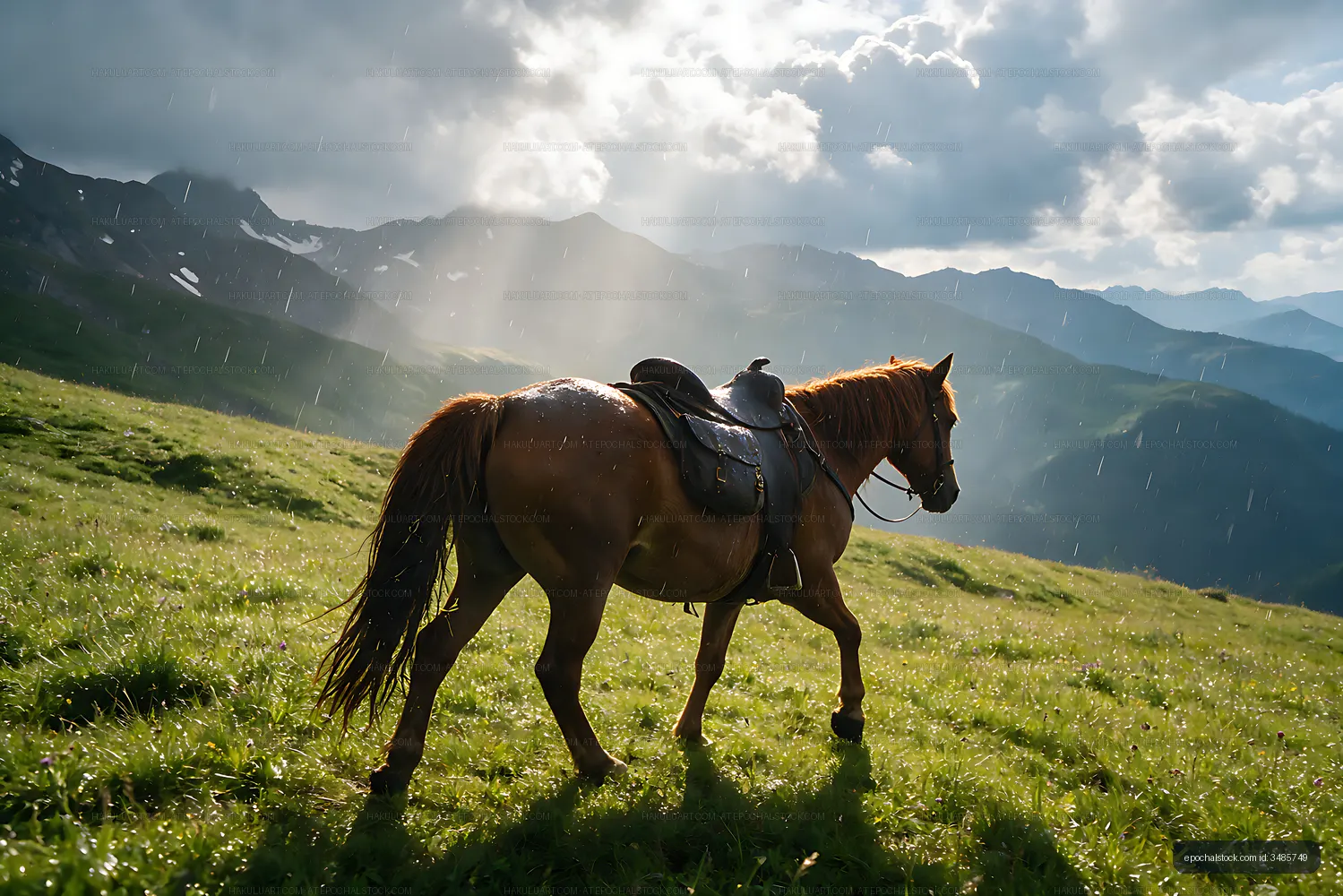 Horse crossing a rainy alpine meadow