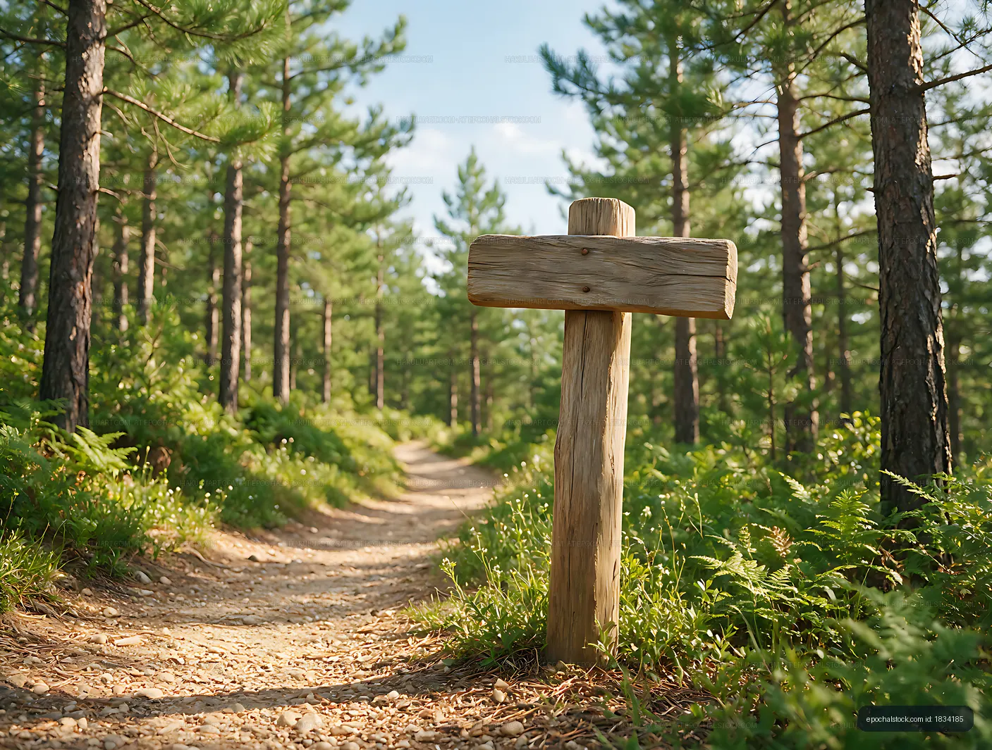 Rustic trail sign in a sunlit pine woodland