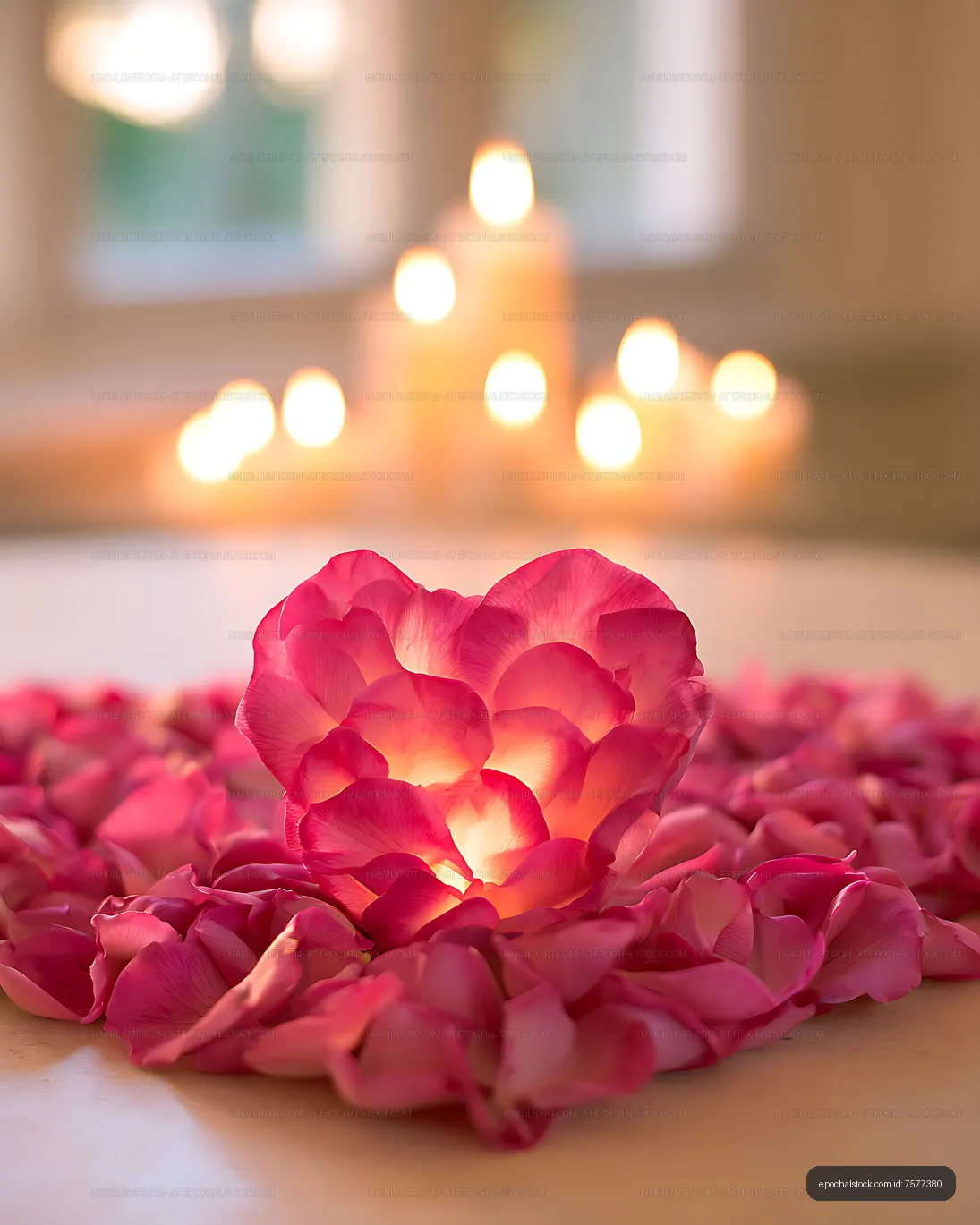 Pink flower in a bed of petals with warm bokeh