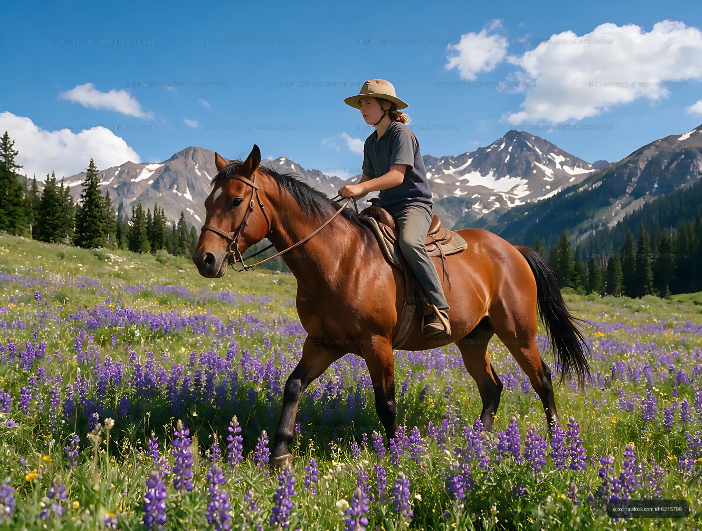 Horse and rider in a colorful alpine meadow