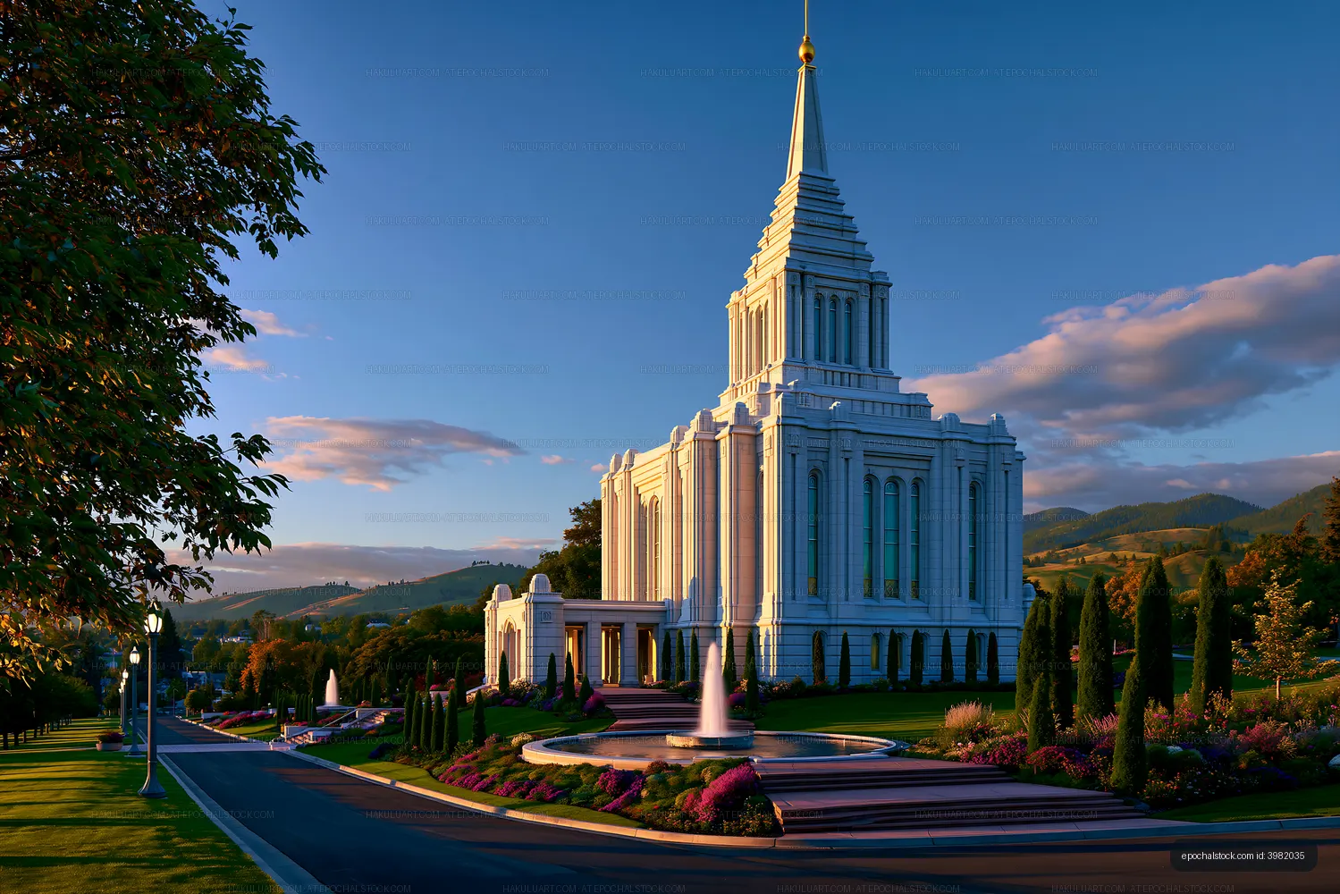 White temple surrounded by gardens and mountain hills