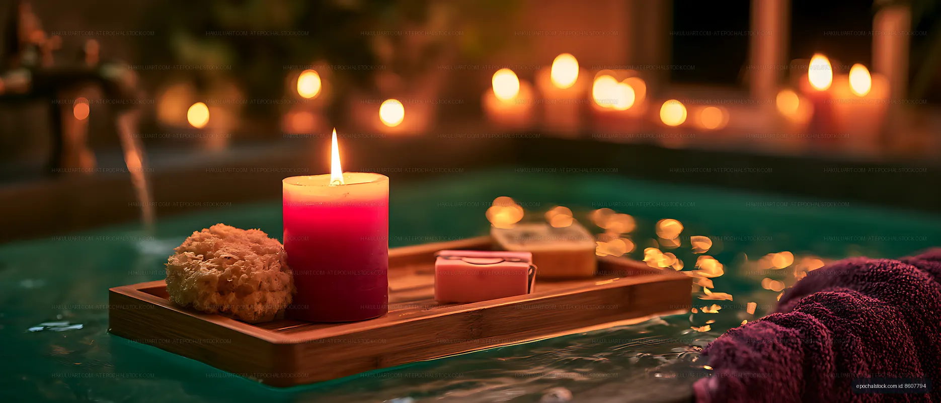 Relaxing spa scene with floating tray and candle