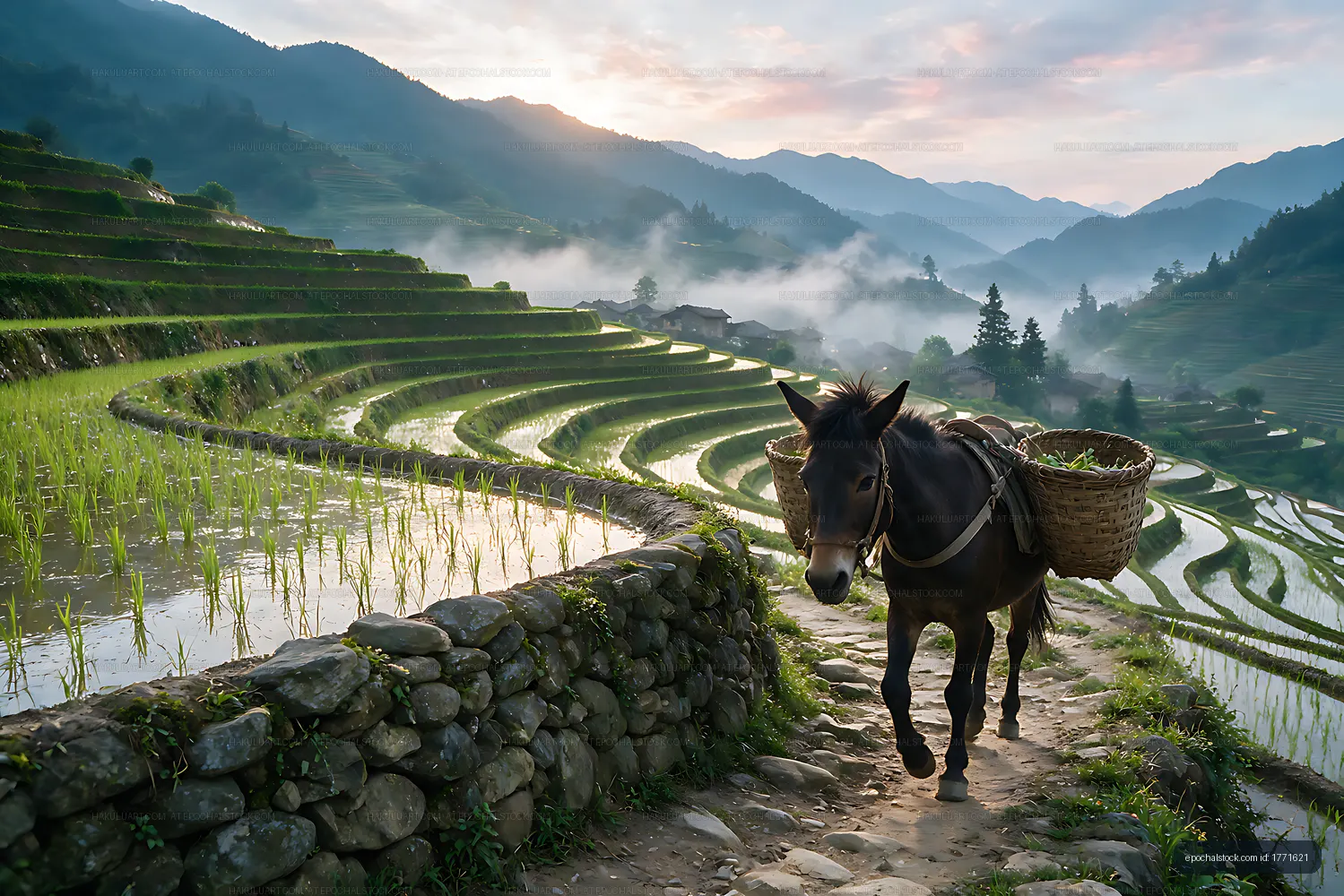 Mountain terraces and rice paddies with pack animal