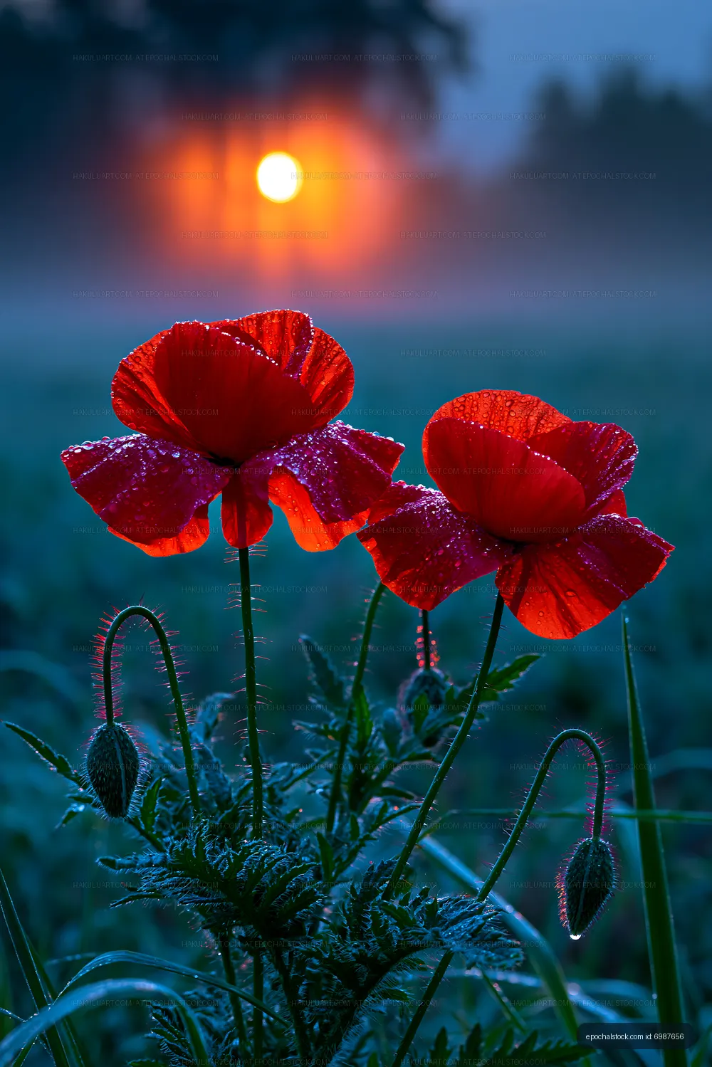 Red poppy flowers with dew at sunset in a foggy field
