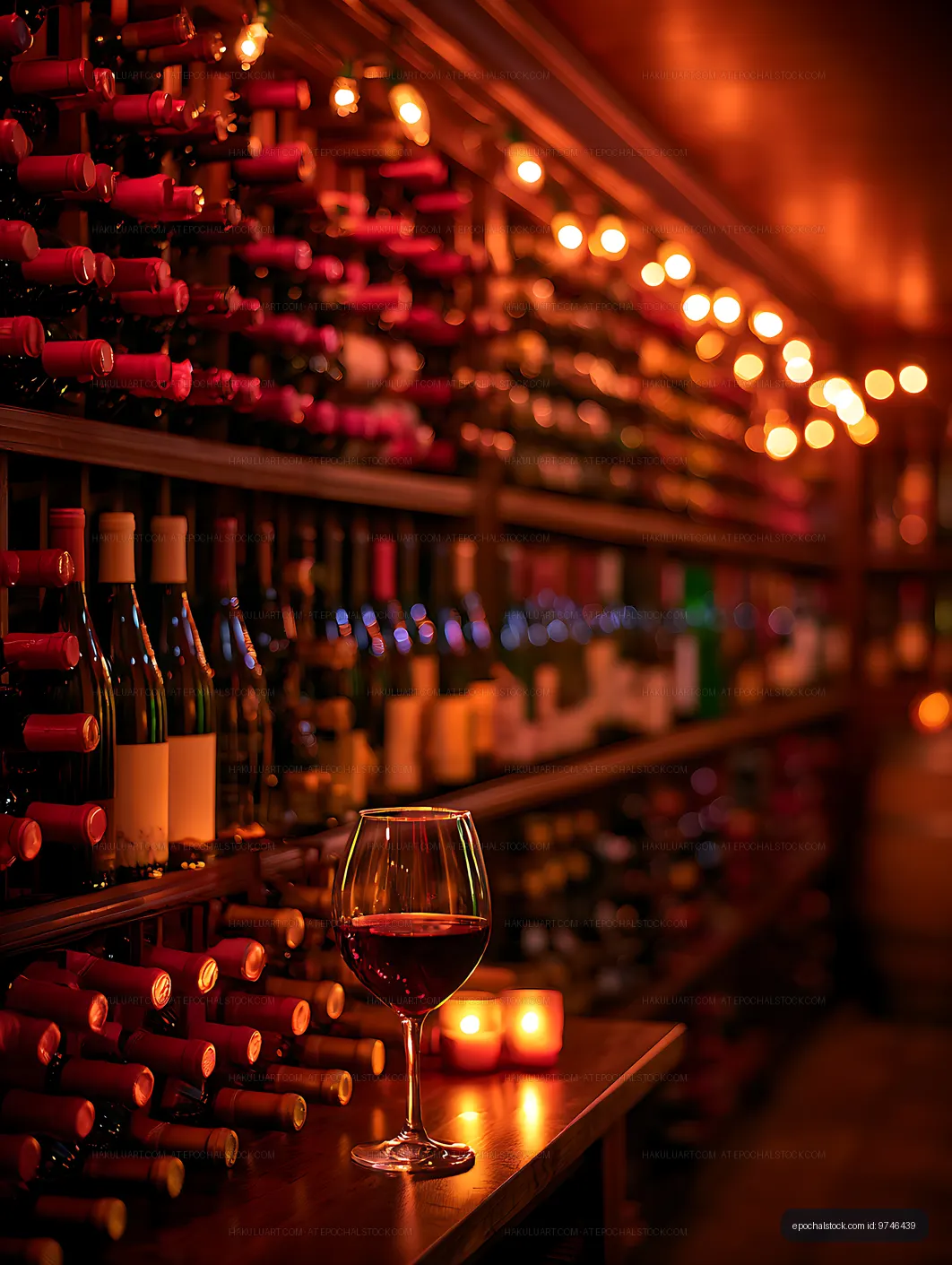 Atmospheric wine cellar with red wine and candlelight