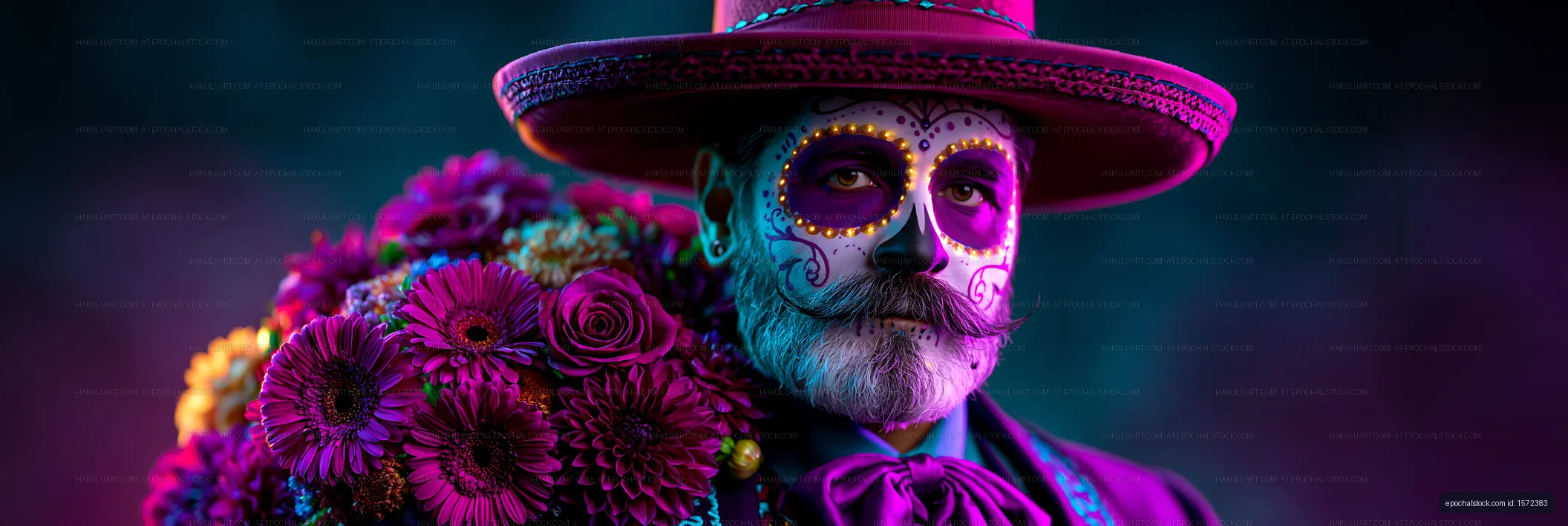 Close-up portrait with floral face paint and vibrant bouquet